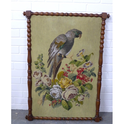 299 - 19th century beaded needlework panel of a Parrot contained within a mahogany bobbin frame, size over... 