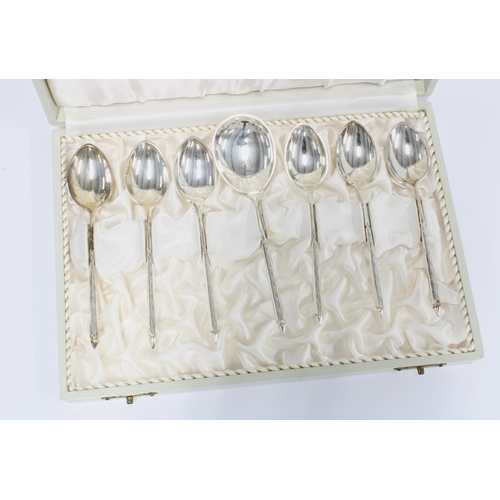 3 - A set of seven silver teaspoons, by W & S Sorensen of Denmark, in original box, (7)
