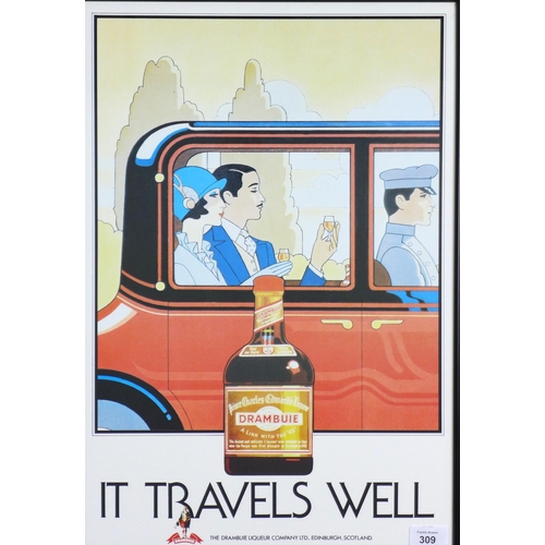 309 - Original 1980's Drambuie poster, 'It travels well', framed under glass, 48 x 58cm overall.  Provenan... 