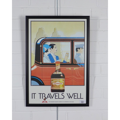 309 - Original 1980's Drambuie poster, 'It travels well', framed under glass, 48 x 58cm overall.  Provenan... 