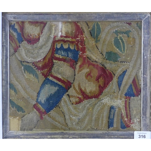 316 - Antique tapestry fragment, framed and attributed verso as 16th century,  30 x 25cm