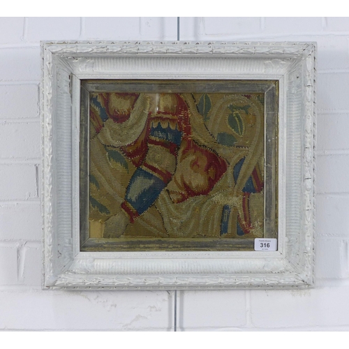 316 - Antique tapestry fragment, framed and attributed verso as 16th century,  30 x 25cm