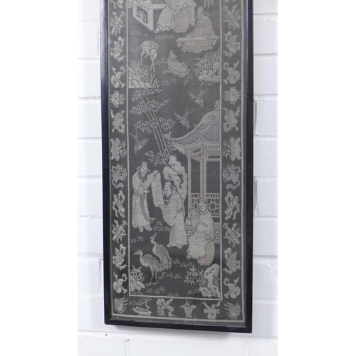 317 - Chinoiserie textile panel, in rectangular glazed frame, 27 x 135cm