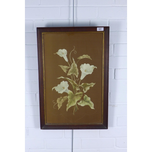 321 - Edwardian silk needlework panel depicting arum lilies, framed beneath glass, 35 x 56cm