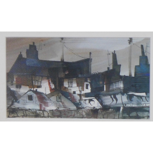 328 - Print of a rooftop scene, framed under glass, 24 x 14cm