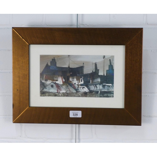 328 - Print of a rooftop scene, framed under glass, 24 x 14cm