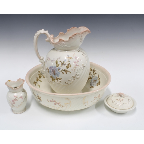 338 - Staffordshire pottery toilet set comprising basin, ewer 32cm, small vase and dish with cover (4)