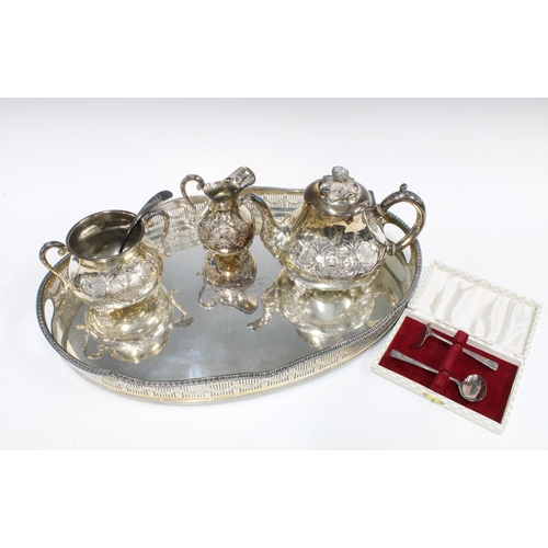 345 - EPNS floral three piece bachelors tea set, together with an inscribed presentation tray from City Ho... 