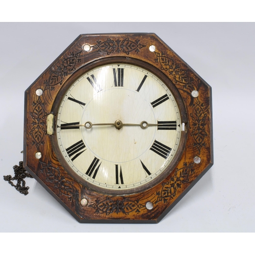 368 - Octagonal wooden wall clock, a/f, 34cm