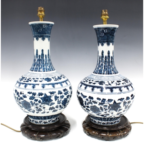 387 - Pair of chinoiserie blue and white table lamps on wooden bases, 52cm (2)