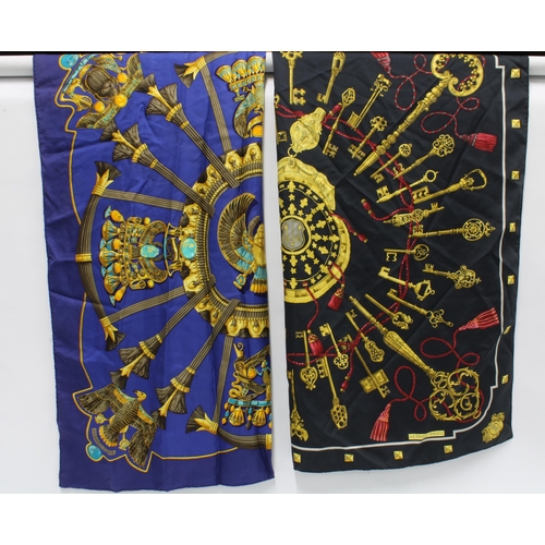 394 - HERMES LES CLES SILK SCARF, black  with red and gold pattern, together with another Hermes blue silk... 