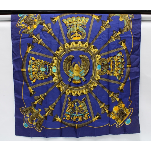 394 - HERMES LES CLES SILK SCARF, black  with red and gold pattern, together with another Hermes blue silk... 