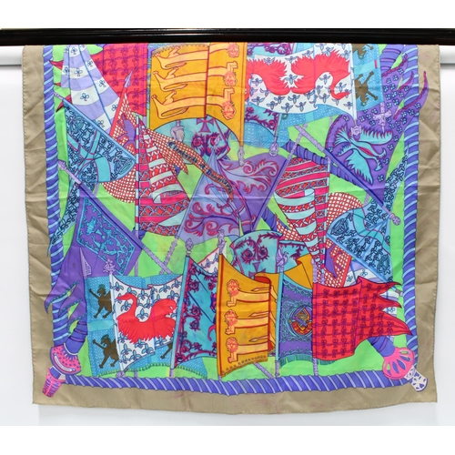 395 - HERMES SILK SCARF, multicoloured with three Lions pattern, (some colour run)