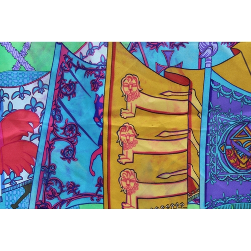 395 - HERMES SILK SCARF, multicoloured with three Lions pattern, (some colour run)