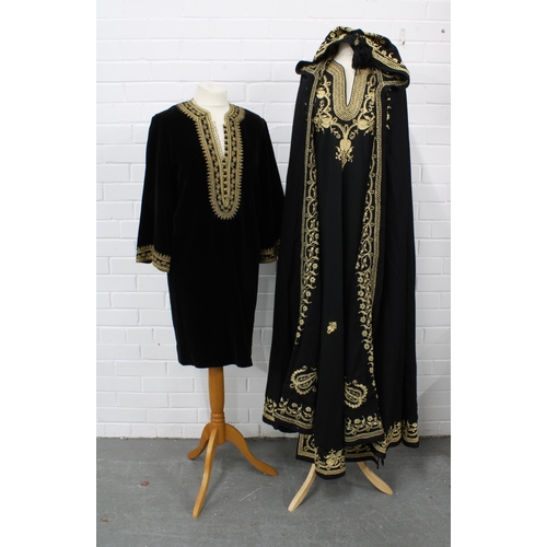 405 - Naima's Moroccan black and gold long cape and matching caftan / long dress with a shorter black velv... 