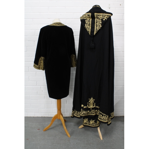 405 - Naima's Moroccan black and gold long cape and matching caftan / long dress with a shorter black velv... 