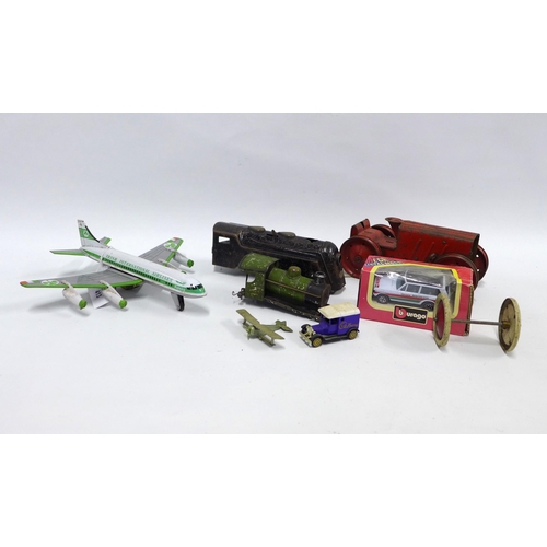 413 - Collection of vintage tinplate toys to include an Irish International Airlines plane, etc (some loss... 