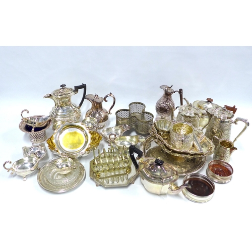 417 - Quantity of Epns wares to include trays, teasets, baskets, sauce boat jugs, wine coasters,  etc (a l... 