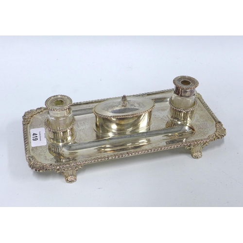 419 - Silver plate on copper desk inkstand, 29.5cm