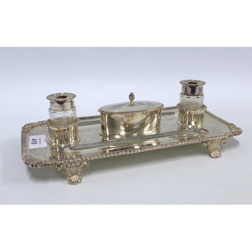 419 - Silver plate on copper desk inkstand, 29.5cm