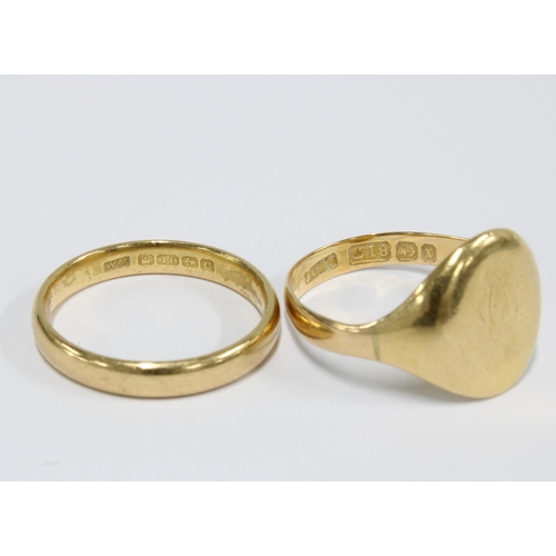 50 - 18ct gold wedding band, Birmingham 1927 & a Victorian 18ct gold signet ring, Birmingham 1897  (2)