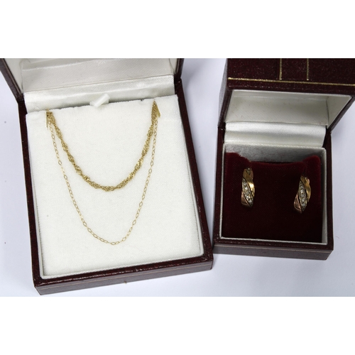 56 - Tw0 9ct gold chain necklaces and a pair of 9ct gold hoop earrings (3)