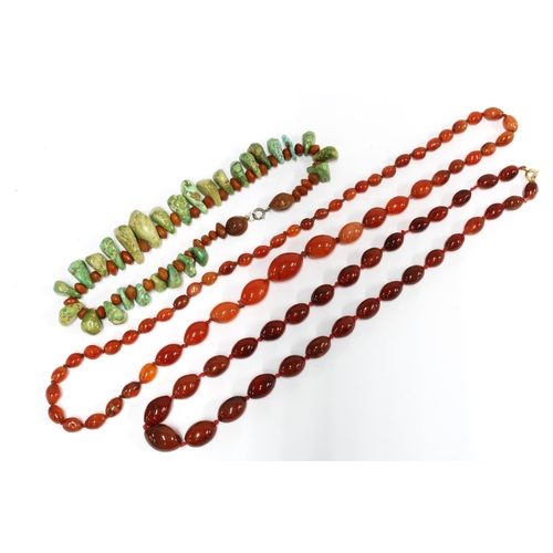 63 - Three strands of vintage coloured glass and hardstone beads, (3)