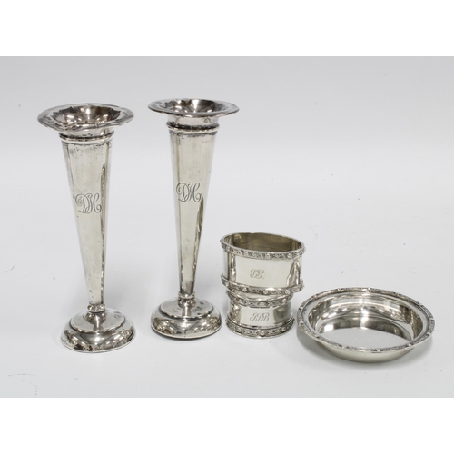 72 - A pair of Birmingham silver bud vases, two celtic knot pattern silver napkin rings and a Birmingham ... 