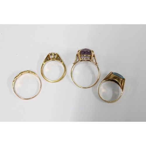 84 - 18ct gold diamond solitaire ring, two 9ct gold rings and an unmarked yellow metal ring with sapphire... 