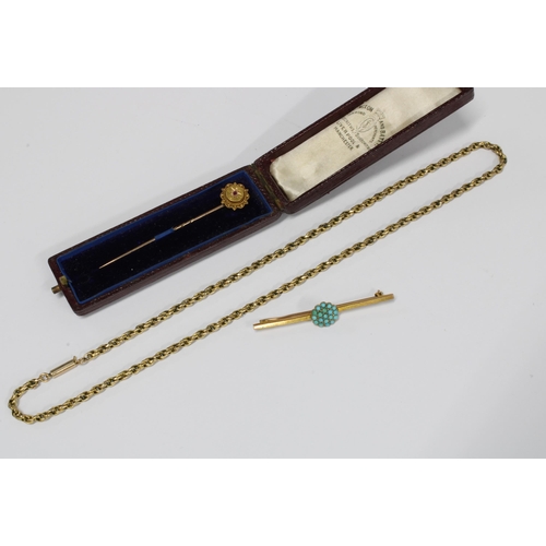 85 - 9ct gold necklace, 15ct gold ruby tie pin and a yellow metal turquoise brooch (3)