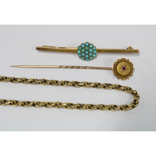 85 - 9ct gold necklace, 15ct gold ruby tie pin and a yellow metal turquoise brooch (3)