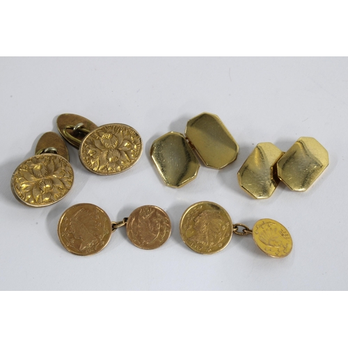 86 - Three pairs of Gents yellow metal cufflinks to include a pair of coin form and inscribed Canadian Go... 