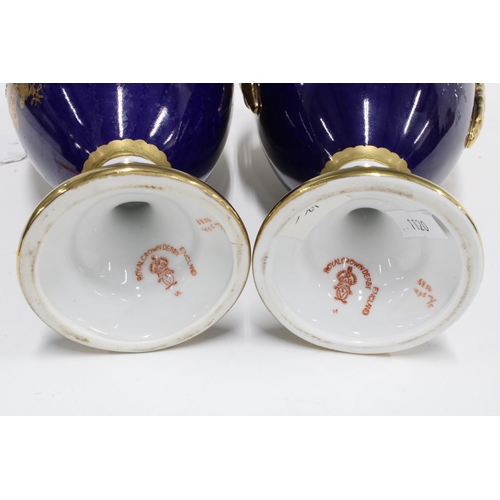 90 - Pair of Royal Crown Derby urn vases, blue ground and floral decorated panels, printed factory marks ... 