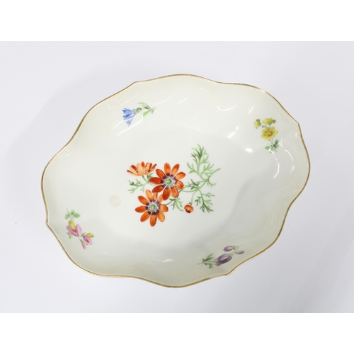 97 - Meissen porcelain dish, oval with handpainted flowers, blue crossed swords mark, 18 x 15cm.