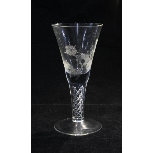 98 - Jacobite pattern wine glass, trumpet bowl engraved with rose and bud spray,  spiral airtwist stem an... 