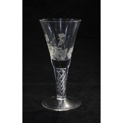 98 - Jacobite pattern wine glass, trumpet bowl engraved with rose and bud spray,  spiral airtwist stem an... 