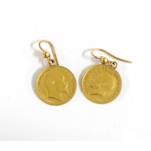 16 - Pair of gold half sovereign coin earrings, comprising Edward VII, 1910 and George V, 1913 (2)