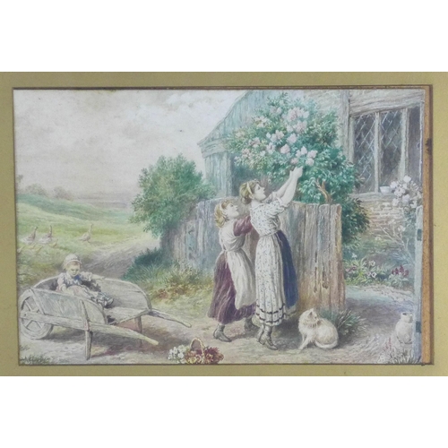 173 - BRITISH SCHOOL, 19th century watercolour of two girls picking flowers, apparently unsigned, framed u... 