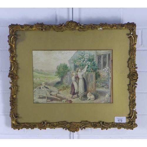 173 - BRITISH SCHOOL, 19th century watercolour of two girls picking flowers, apparently unsigned, framed u... 