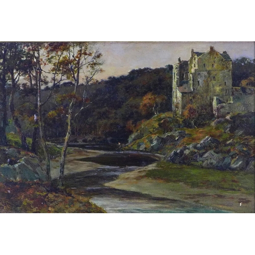 177 - Attributed to JOHN HAMILTON GLASS SSA (SCOTTISH 1820 - 1885), NEIDPATH CASTLE, EVENING, oil n board,... 