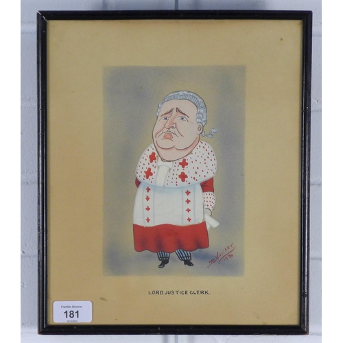 181 - B. VILLIERS, LORD JUSTICE CLERK caricature, signed and dated 1934, framed under glass, 27 x 32cm inc... 