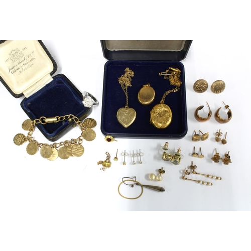 27 - Two gold plated lockets, a gold plated Ten Commandments bracelet, a pair of 9ct gold & pearl drop ea... 