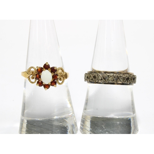 32 - 9ct gold opal and garnet  ring, London 1983 together with a 9ct gold and silver eternity ring, Cameo... 