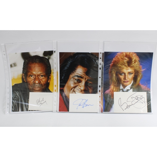 370 - CHUCK BERRY, JAMES BROWN & BONNIE TYLER,  three signed white cards together with a colour photograph... 