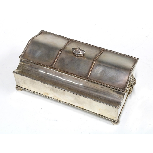 380 - Silver plated desk inkstand, rectangular form with a serpentine lid and pen tray, with beaded edge d... 