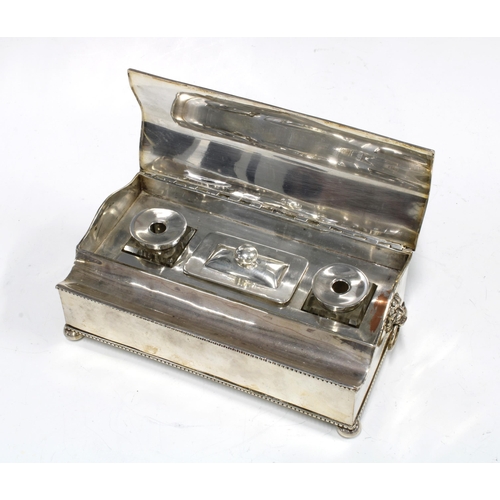 380 - Silver plated desk inkstand, rectangular form with a serpentine lid and pen tray, with beaded edge d... 