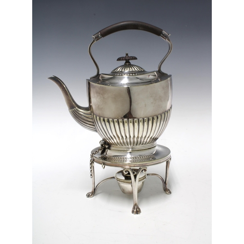 381 - Silver plated spirit kettle on stand with half fluted decoration, complete with burner 34cm high