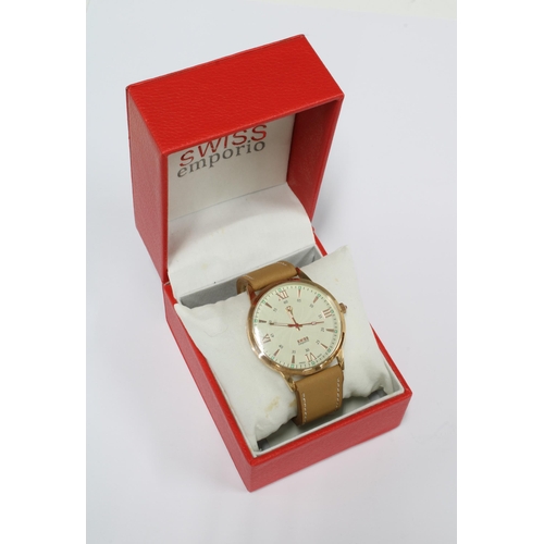 386 - SWISS EMPORIO, gents wristwatch on leather strap, boxed