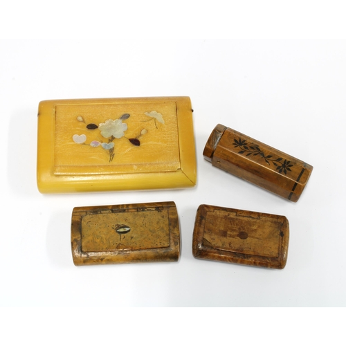 398 - Celluloid snuff box with mother of pearl decoration to the lid and three fruitwood snuffboxes (4)