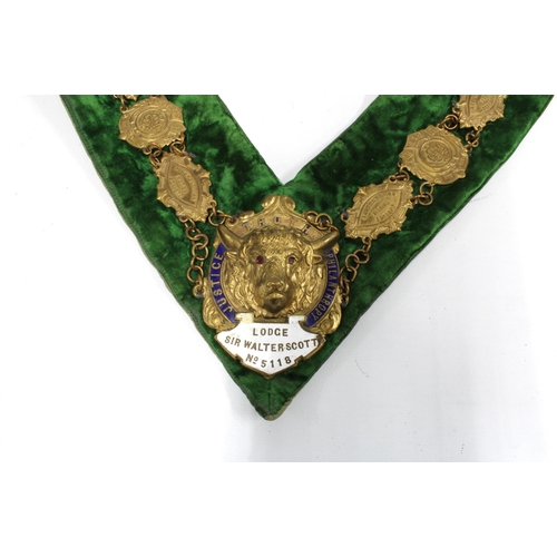 404 - Sir Walter Scott Lodge No.5118 RAOB Royal Antidiluvian Order of Buffaloes. green velvet sash with gi... 